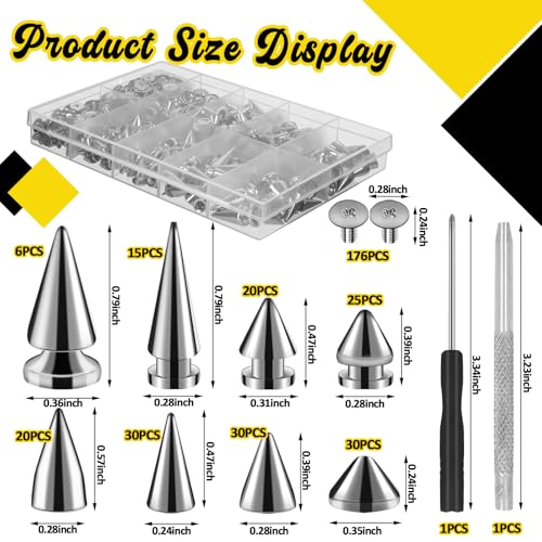 RYKOMO 354 Sets Punk Spikes and Studs Kit,Metal Tree Spikes Studs 8 Sizes, Cone Spike and Studs Rivets for Leather Craftsmanship, Punk Style Clothing, Jackets, Shoes, Belt Bags, Dog Collars - Image 2