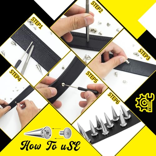 RYKOMO 354 Sets Punk Spikes and Studs Kit,Metal Tree Spikes Studs 8 Sizes, Cone Spike and Studs Rivets for Leather Craftsmanship, Punk Style Clothing, Jackets, Shoes, Belt Bags, Dog Collars - Image 3