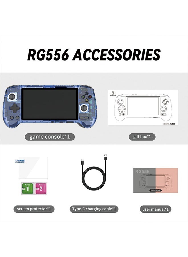 وحدة تحكم ألعاب محمولة باليد RG556 نظام Android 13 Unisoc T820 شاشة AMOLED 5.48 بوصة مدمجة بطاقة SD 128 جيجا 4423 لعبة تدعم مخرج منفذ عرض 1080 بكسل مشغل ألعاب فيديو WIFI (أزرق شفاف)
