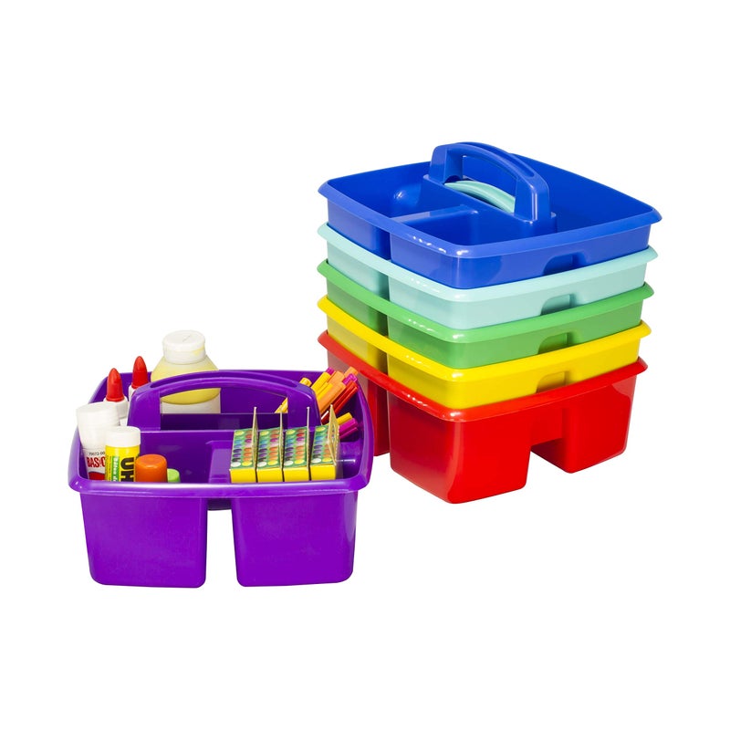 Storex 3-Compartment Small Caddy â€“ Multipurpose Classroom Organizer with Handle, Assorted STEAM Colors, 6-Pack (00940A06C) - Image 1