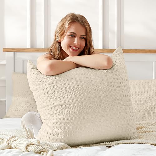 Mosluna 100% Coton Waffle Weave Euro Shams 2 Pack, Soft Aesthetic Throw Pillow Covers for Elegant Home Decor, Breathable Decorative Pillow Cases Without Inserts for Bed, Couch, 26 X 26 in., Beige - Image 1