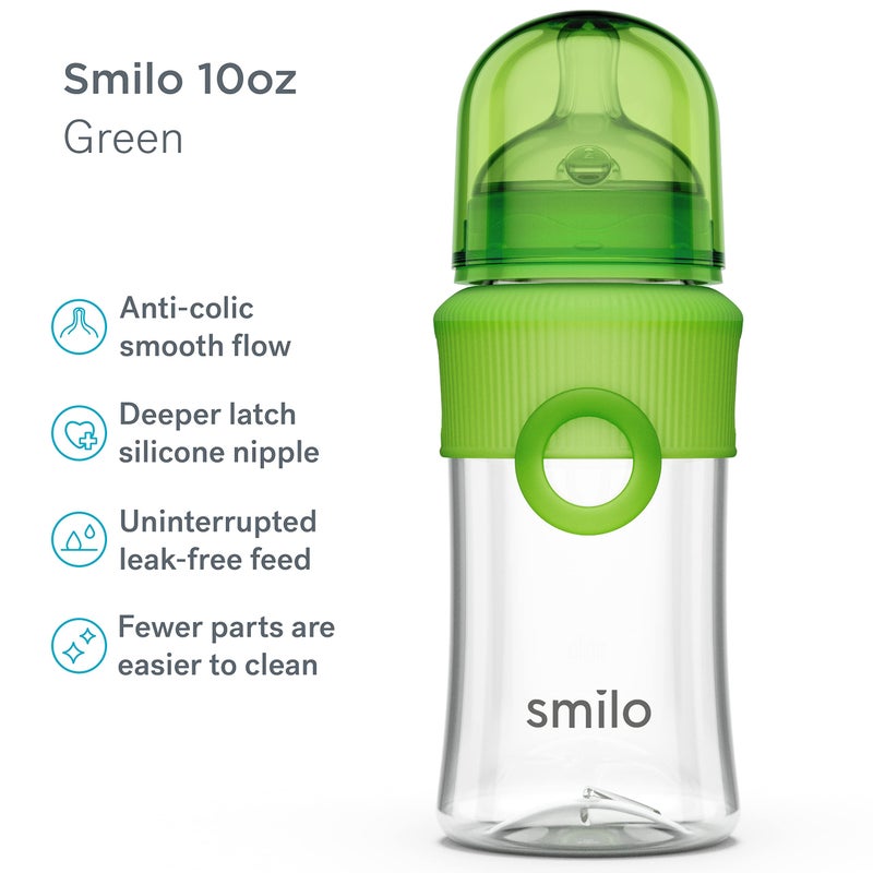 Smilo Baby Bottle Set with Stage 0 Slow Flow Anti Colic Nipple, 10 Oz / 300 ml Capacity, 3X Pack of Anti Colic Baby Bottles 0-3 Months - Green - Image 2