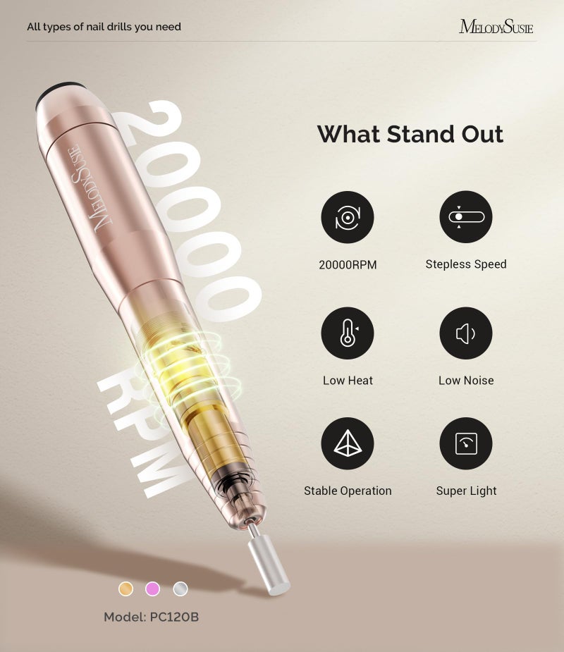 MelodySusie Pen-Shaped Portable Nail Drill with AC Adapter, PC120B 20000RPM Electric File with Compact Design for All Nail Care, Manicure Polishing, Shaping & Gel Removal at Home for Beginners - Image 4