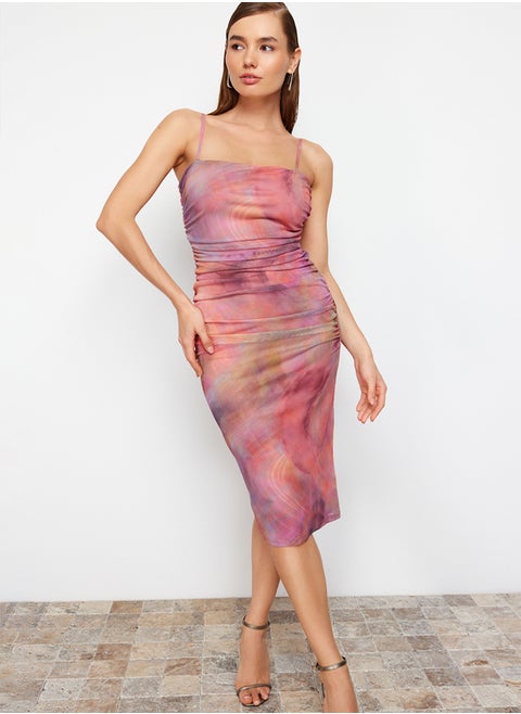Multicolored Abstract Patterned Knitted Elegant Evening Dress TPRSS24EL00150