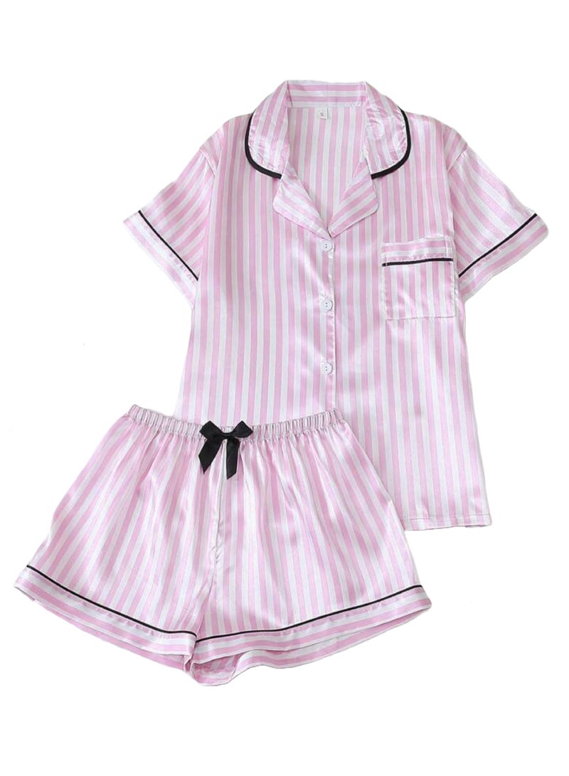 Sweet Cathy Satin Sleepwear Silky Pajamas Short Sleeve Button Top And Shorts Striped PJ Set - Image 1