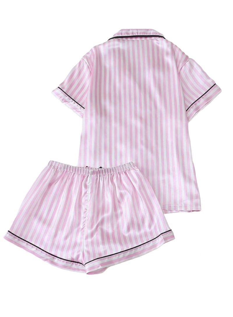 Sweet Cathy Satin Sleepwear Silky Pajamas Short Sleeve Button Top And Shorts Striped PJ Set - Image 3