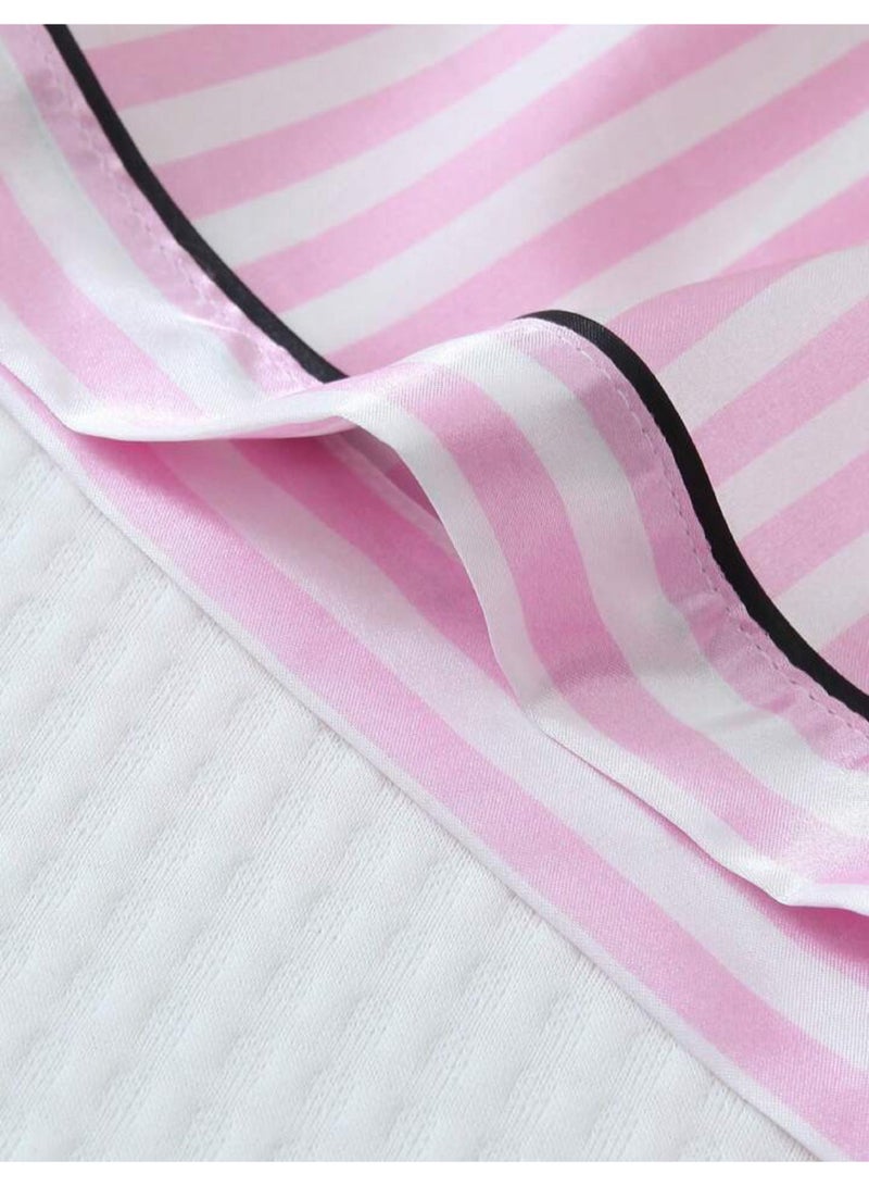 Sweet Cathy Satin Sleepwear Silky Pajamas Short Sleeve Button Top And Shorts Striped PJ Set - Image 5