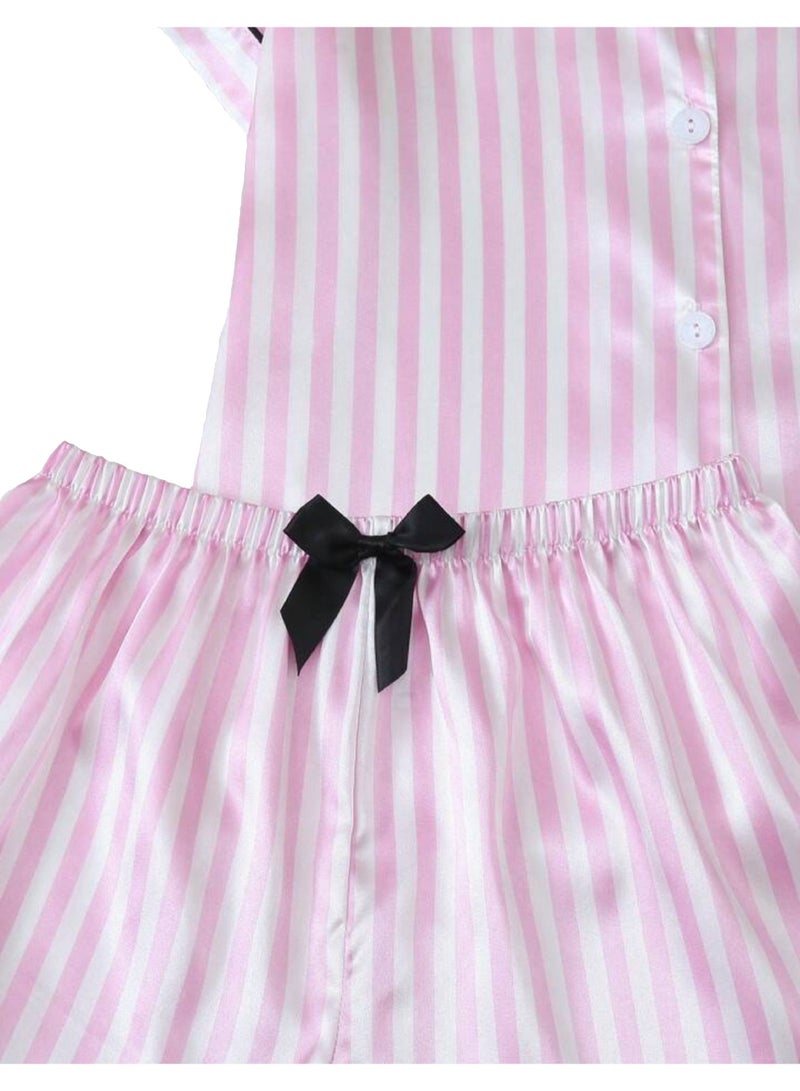 Sweet Cathy Satin Sleepwear Silky Pajamas Short Sleeve Button Top And Shorts Striped PJ Set - Image 4