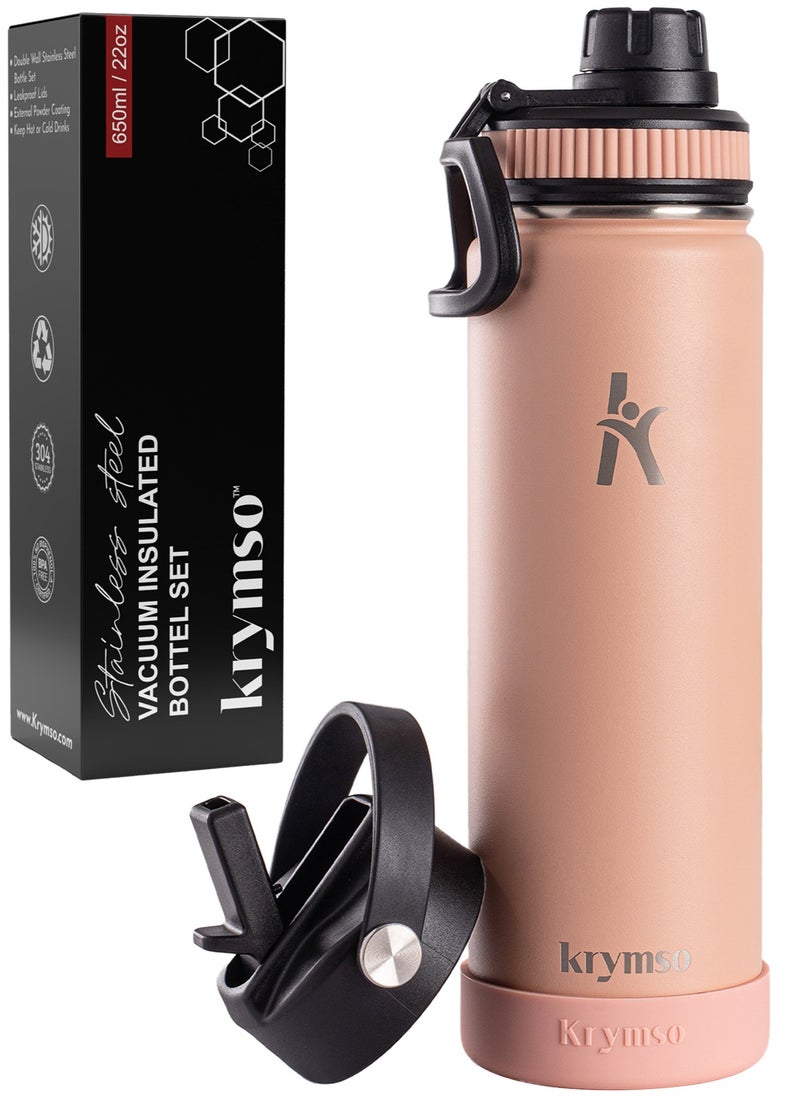 KRYMSO KRYMSO, 650ml Stainless Steel Water Bottle, Sports Bottle with Straw, Double Wall Insulated Water Bottle, Thermos Flask, Water Bottle for kids, Gym  - Image 1