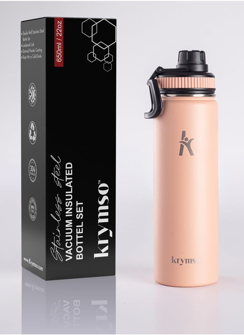 KRYMSO, 650ml Stainless Steel Water Bottle, Sports Bottle with Straw, Double Wall Insulated Water Bottle, Thermos Flask, Water Bottle for kids, Gym