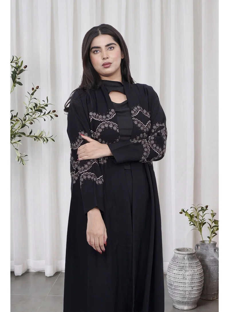 Fashion Line Elegant Black Open-Front Abaya with Ornate Geometric Bodice & Sleeve Embroidery