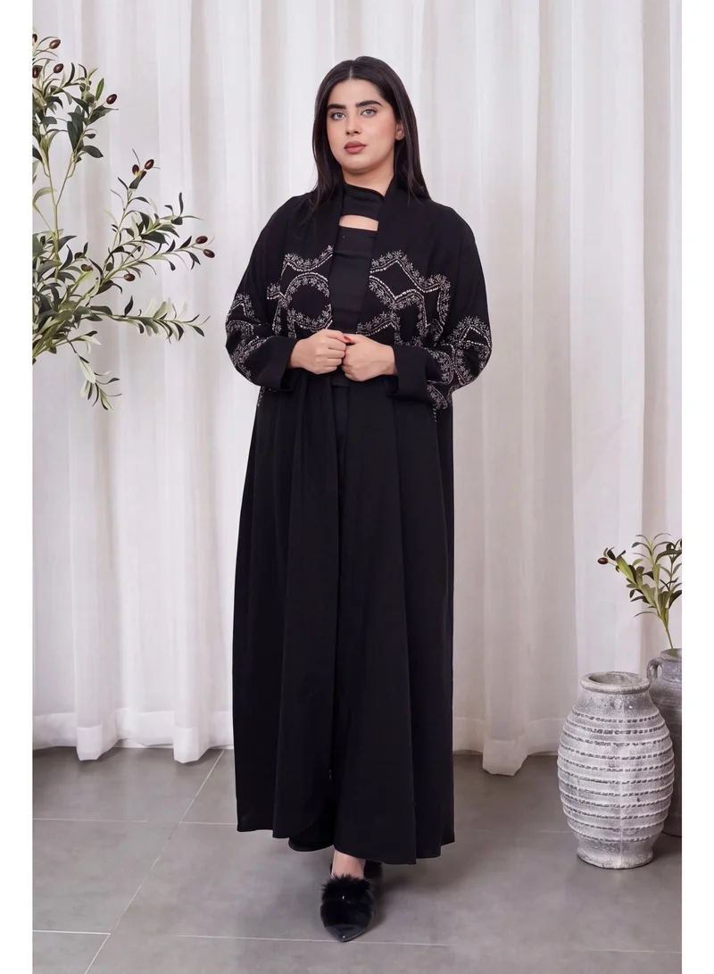 Fashion Line Elegant Black Open-Front Abaya with Ornate Geometric Bodice & Sleeve Embroidery