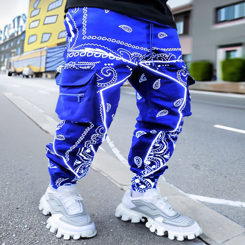 2024 Mens Hip Hop Printed Cargo Pants with Luminous Strips Sapphire Blue - Image 4