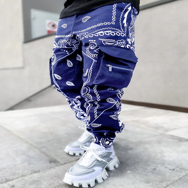 2024 Mens Hip Hop Printed Cargo Pants with Luminous Strips Sapphire Blue - Image 5