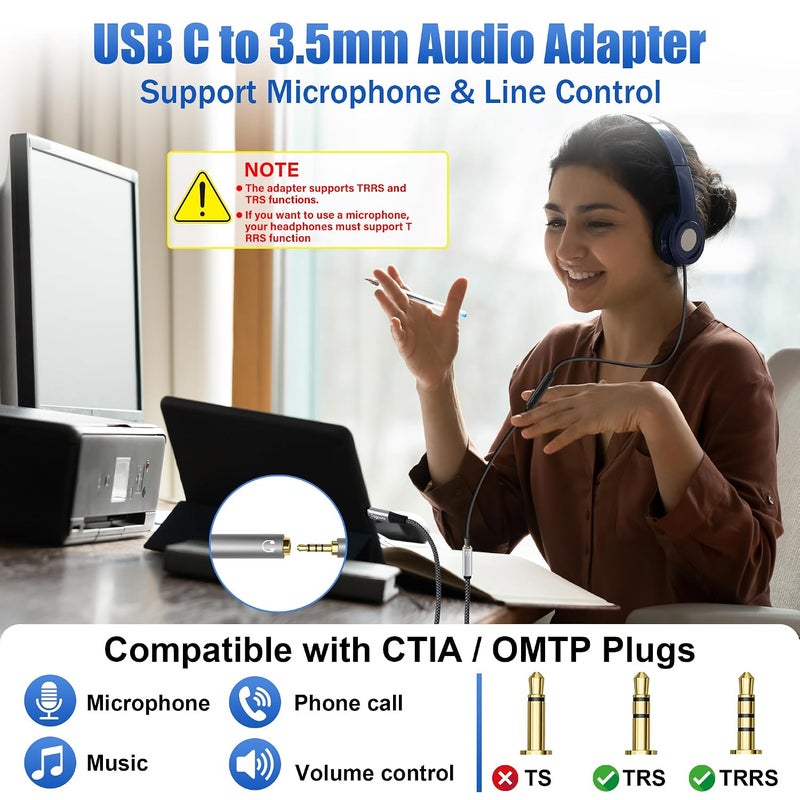 Togconn محول USB Type C ذكر إلى مقبس سماعة الرأس 3.5 ملم TRRS أنثى عبوة مزدوجة، كابل محول صوت USB C إلى Aux، مضفر من النايلون، أصداف ألومنيوم، لأجهزة iPhone 15/15 Pro Max، iPad Pro، MacBook، Pixel، Galaxy S24 - Image 4