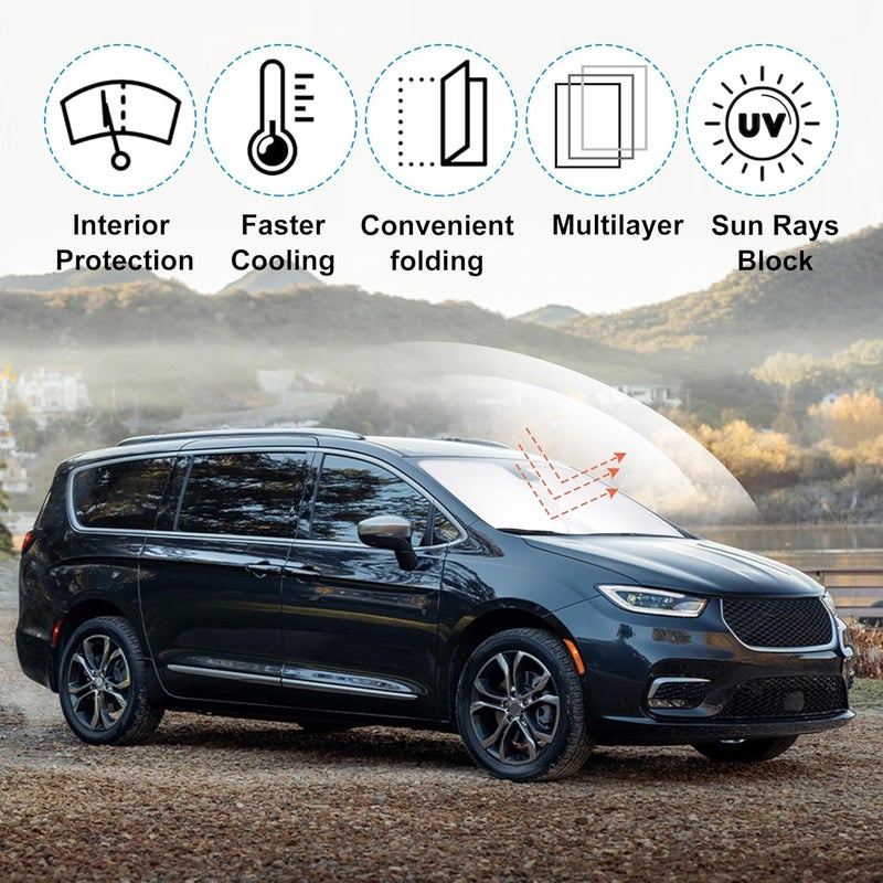 إل إتش إف لايف ظل شمسي للزجاج الأمامي مصمم خصيصًا لطرازات Chrysler Pacifica للأعوام 2017–2024؛ يتميز بكونه قابلًا للطي ويحمي السيارة من أشعة الشمس والحرارة، مما يساعد على الحفاظ على برودتها. - Image 2
