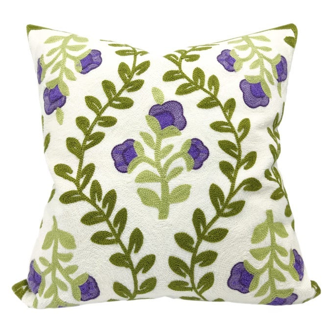 FLORAL EMBROIDERED SPRING DECORATIVE THROW PILLOW COVER 18X 18 FARMHOUSE COTTAGE PURPLE FLOWERS GREEN LEAVES KNIT PATTERN COTTON CANVAS CUSHION CASE FOR SOFA COUCH BED LIVING ROOM DECOR