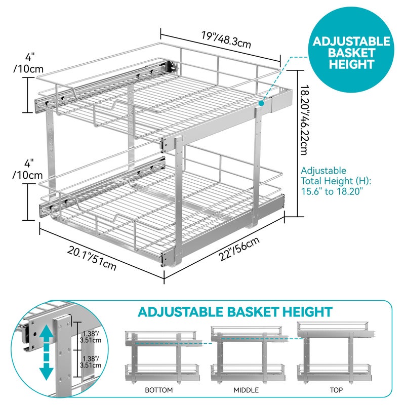 STORKING 2 Tier Pull Out Cabinet Organizer 20" W X 22" D, Slide Out Drawers For Kitchen Cabinets, Pull Out Drawers For Cabinets Capacity Heavy Duty Caddy, Cabinet Pullout Shelves Chrome-Plated,Bathroom Pantry - Image 2
