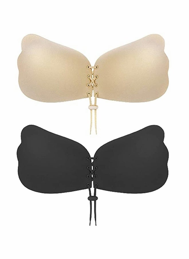 Underwear Invisible Chest Stickers, Pull Up Bra Sticky Bra, Push Up Bra Open Back Strapless Bra, No Steel Ring Gathers Breathable Silicone Bra (One Each In Black And Nude, Size M) - Image 1