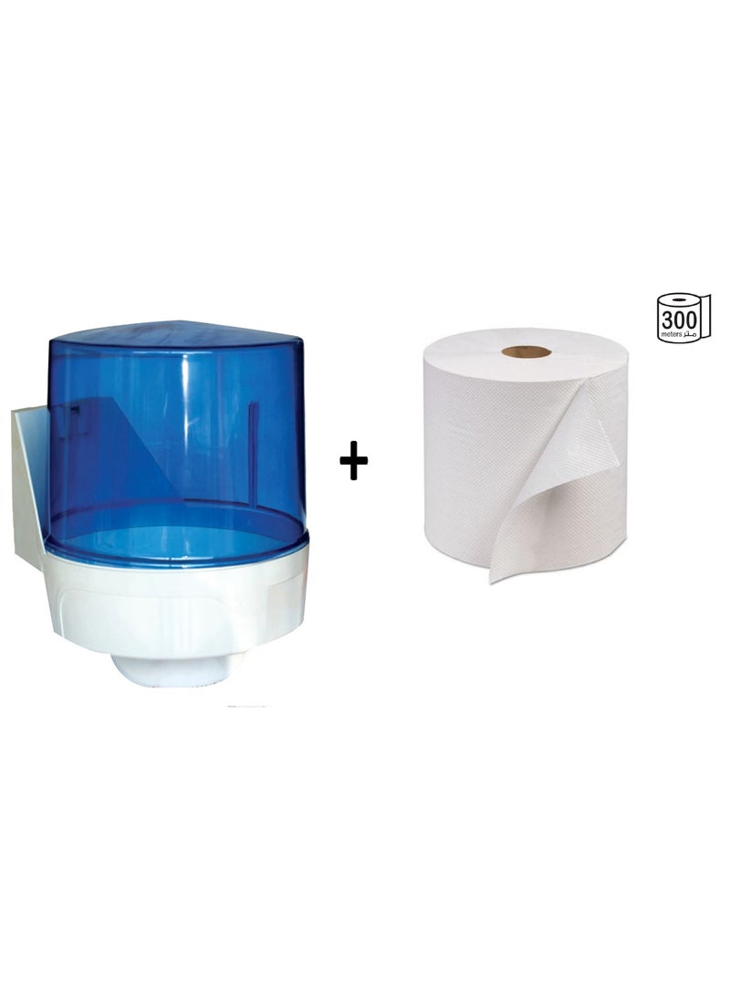 Wall-mounted plastic roll tissue dispenser Blue with Maxi Rolls Towel White 300M - Image 1