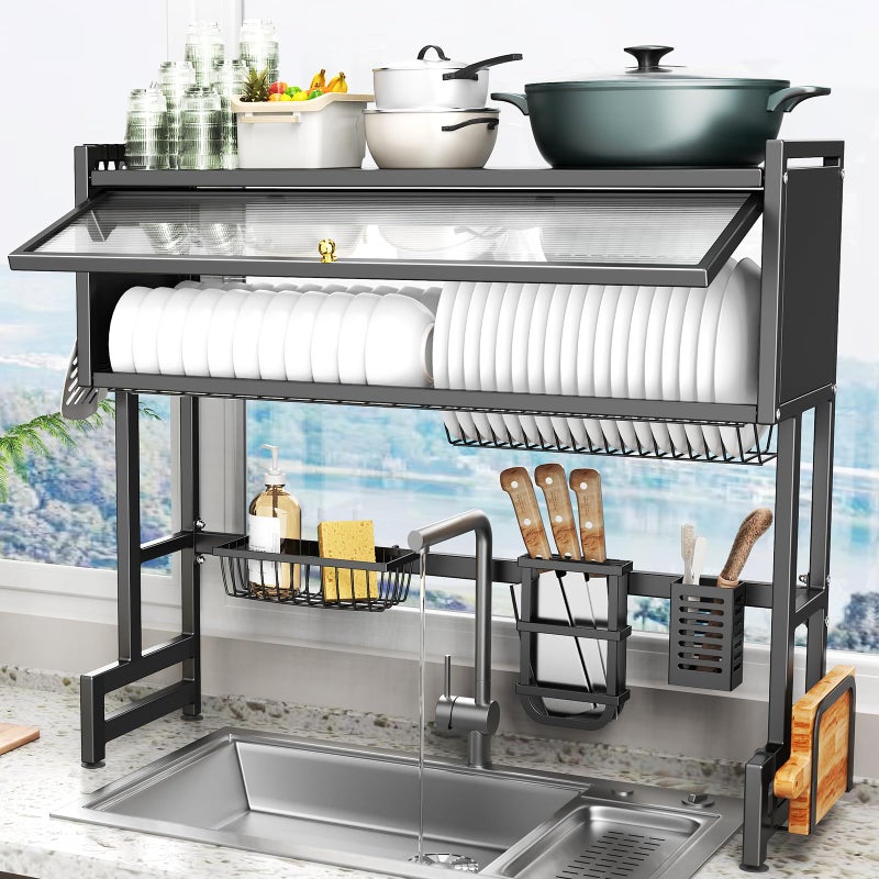 CUISIBOT Over The Sink Dish Drainer Drying Rack 3 Tiers with Cover, Keep Kitchen Sink Shlef Organized Space-Saving Dish Drying Rack, Large Stainless Steel Sink Drying Rack for Dishes, Bowls, Cutlery (33.4"W) - Image 2
