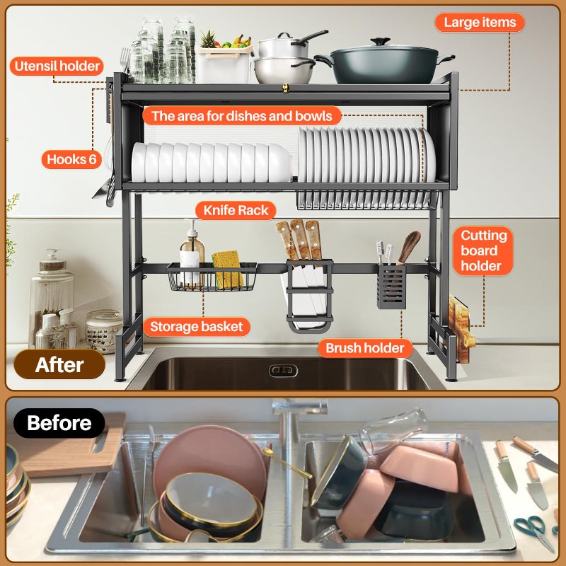 CUISIBOT Over The Sink Dish Drainer Drying Rack 3 Tiers with Cover, Keep Kitchen Sink Shlef Organized Space-Saving Dish Drying Rack, Large Stainless Steel Sink Drying Rack for Dishes, Bowls, Cutlery (33.4"W) - Image 4