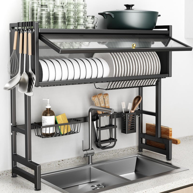 CUISIBOT Over The Sink Dish Drainer Drying Rack 3 Tiers with Cover, Keep Kitchen Sink Shlef Organized Space-Saving Dish Drying Rack, Large Stainless Steel Sink Drying Rack for Dishes, Bowls, Cutlery (33.4"W) - Image 1