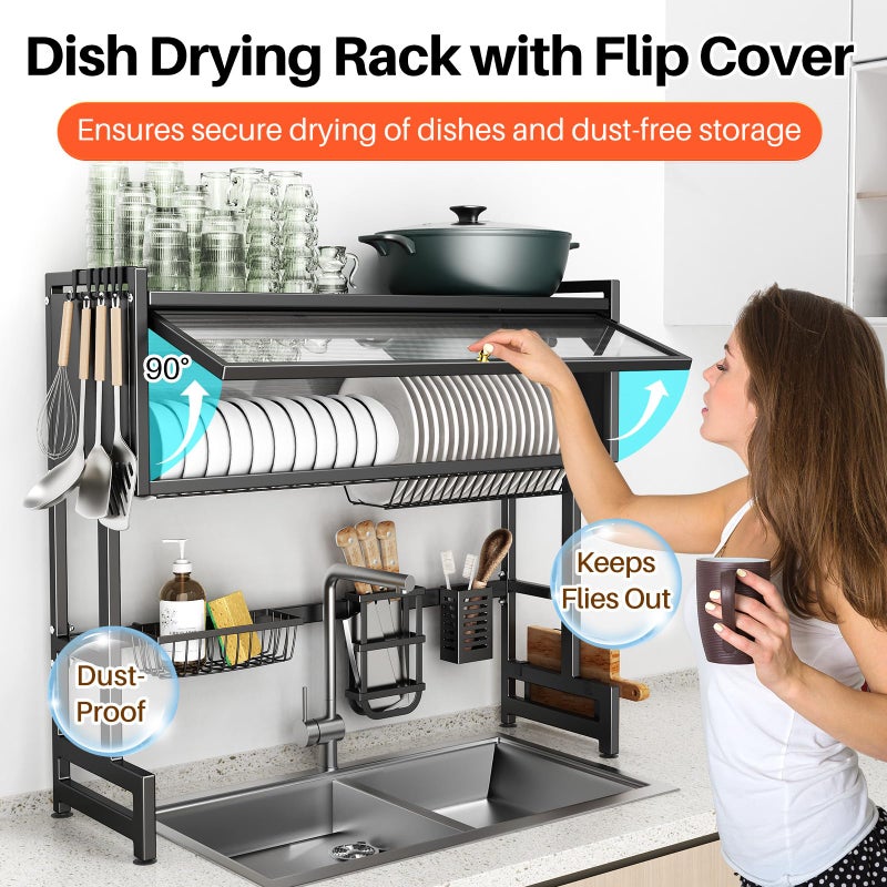 CUISIBOT Over The Sink Dish Drainer Drying Rack 3 Tiers with Cover, Keep Kitchen Sink Shlef Organized Space-Saving Dish Drying Rack, Large Stainless Steel Sink Drying Rack for Dishes, Bowls, Cutlery (33.4"W) - Image 3