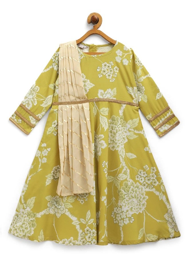 Ahalyaa Girls Lemon Yellow Crepe Digital Print Kids Kurta with Dupatta Set (10K-888-KDKUCRDP-5-6Y) - Image 1