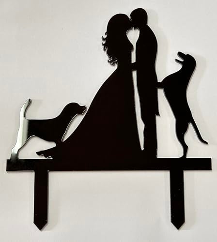 iEventStar Wedding Anniverary Cake Topper Cake Decoration Couple Silhouette Bride Groom with 2 Dogs (Black) - Image 2