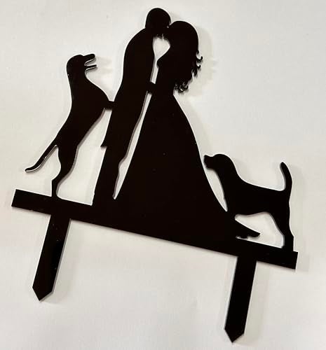 iEventStar Wedding Anniverary Cake Topper Cake Decoration Couple Silhouette Bride Groom with 2 Dogs (Black) - Image 3