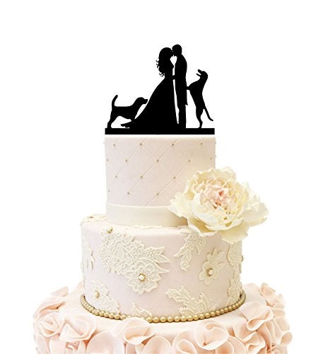 iEventStar Wedding Anniverary Cake Topper Cake Decoration Couple Silhouette Bride Groom with 2 Dogs (Black) - Image 5