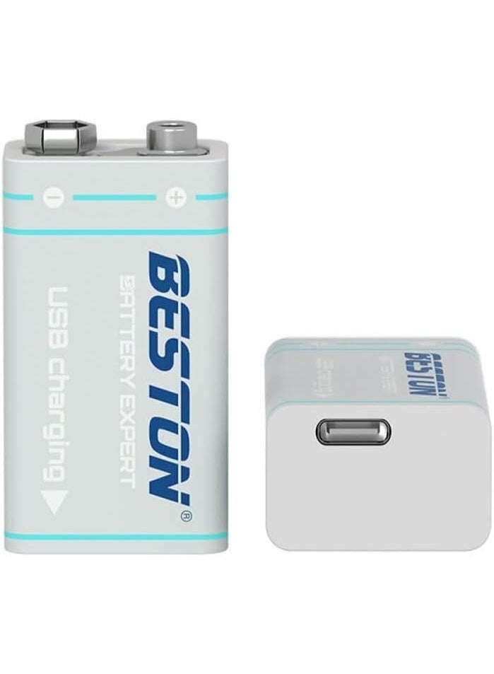 بيستون بطارية قابلة للشحن 9 فولت 1000 مللي أمبير مع شحن سريع USB-C، منفذ شحن مدمج، طاقة تدوم طويلاً لأجهزة كشف الدخان والميكروفونات والأجهزة الإلكترونية - Image 1