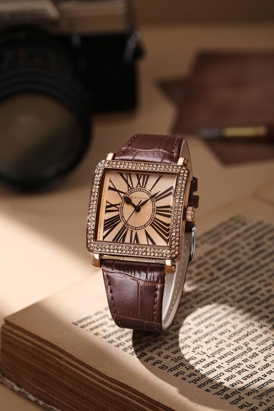 Giordano Elegant Watch for Women – Crystal-Studded Square Dial, Leather Band, Roman Numeral Dial - Image 3