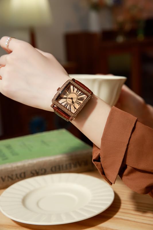Giordano Elegant Watch for Women – Crystal-Studded Square Dial, Leather Band, Roman Numeral Dial - Image 2