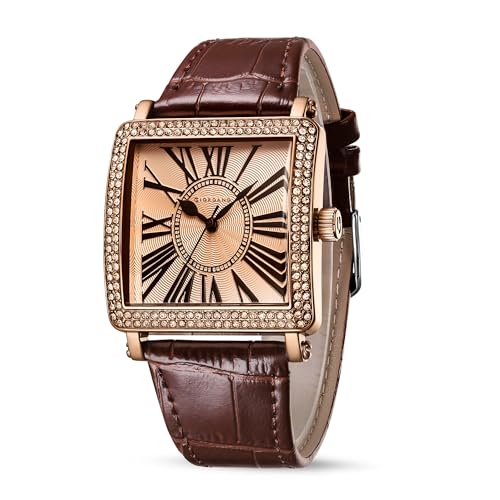 Giordano Elegant Watch for Women – Crystal-Studded Square Dial, Leather Band, Roman Numeral Dial - Image 1