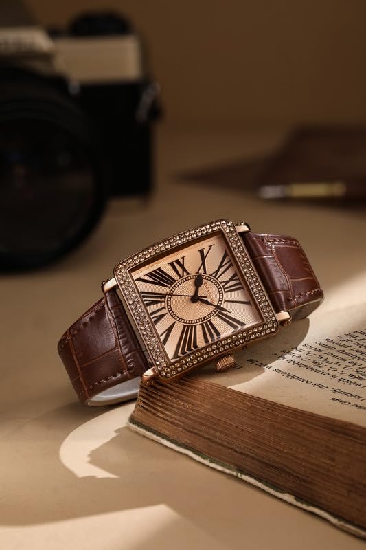 Giordano Elegant Watch for Women – Crystal-Studded Square Dial, Leather Band, Roman Numeral Dial - Image 4