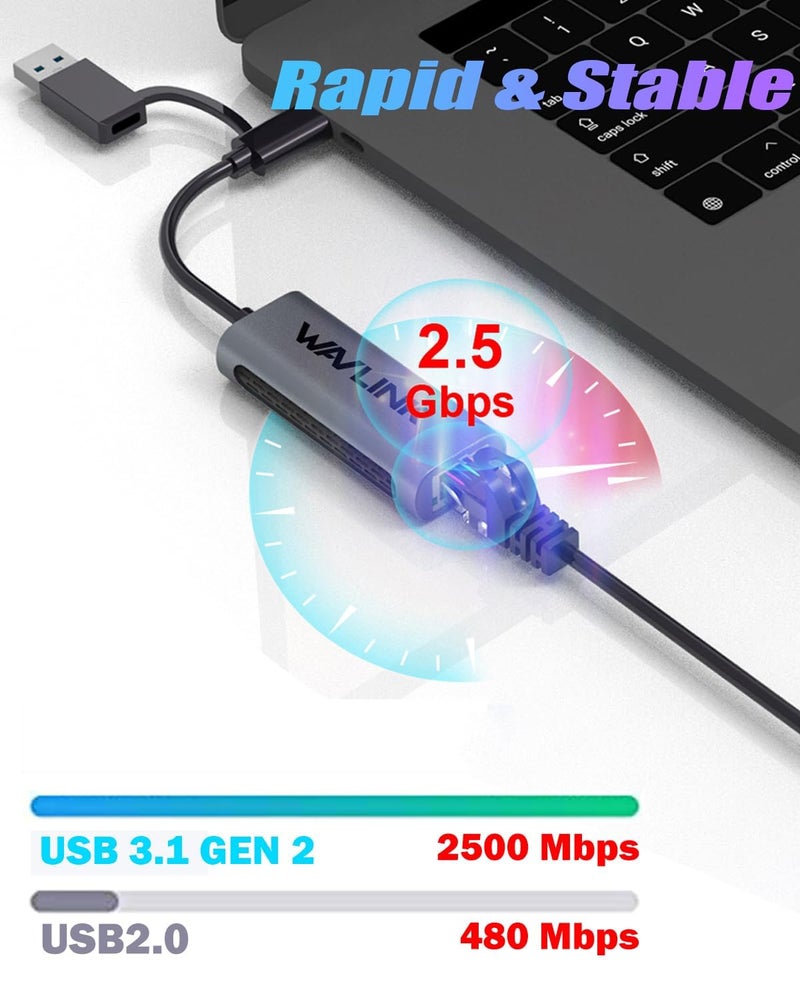 Wavlink USB C to Ethernet Adapter 2.5 Gbps, 2-in-1 USB to 2.5G Ethernet Adapter, USB-C to RJ45 Network Converter (Thunderbolt 4/3 Compatible), Aluminum Case for Windows, Mac OS, iPad OS and More. - Image 4