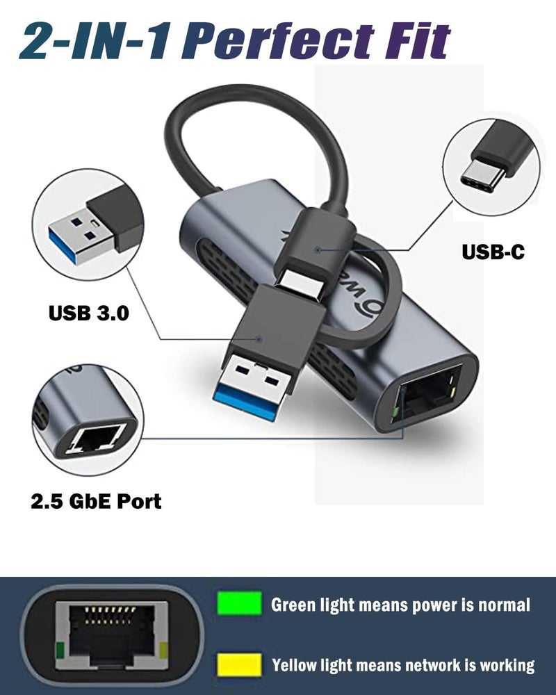 Wavlink USB C to Ethernet Adapter 2.5 Gbps, 2-in-1 USB to 2.5G Ethernet Adapter, USB-C to RJ45 Network Converter (Thunderbolt 4/3 Compatible), Aluminum Case for Windows, Mac OS, iPad OS and More. - Image 2