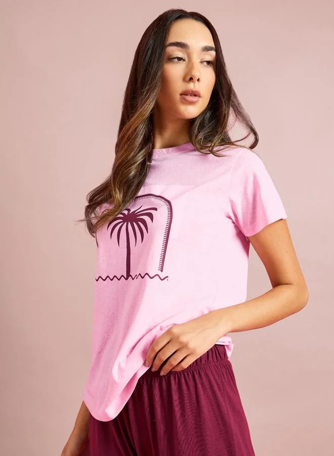 Styli Palm Graphic Print T-Shirt and Straight Leg Pyjama Set