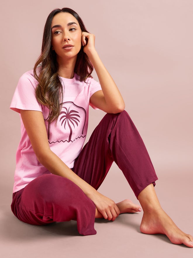 Styli Palm Graphic Print T-Shirt and Straight Leg Pyjama Set - Image 1