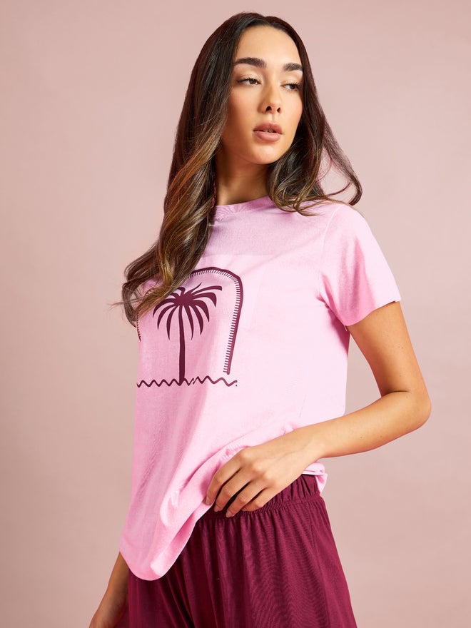 Styli Palm Graphic Print T-Shirt and Straight Leg Pyjama Set - Image 2