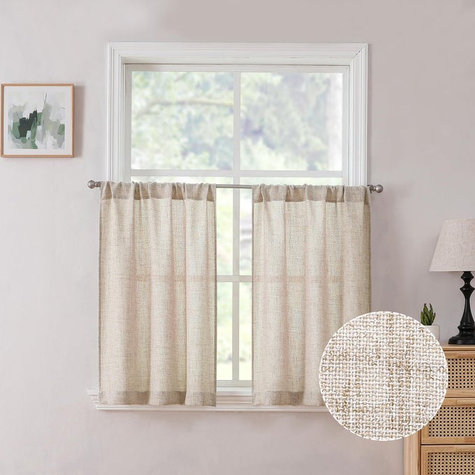 Linen Tier Curtain Rod Pocket Semi Sheer Half Kitchen Curtains Burlap Light Filtering Thick Linen Drape for Bathroom 30 x 36 inches Long Natural Set of 2 Panels