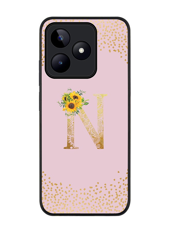 Stylizedd Rugged Black edge case for Realme C51 / Realme Note 50 4G,Custom Monogram Initial Letter Floral Pattern Alphabet - N (Pink) - Image 1