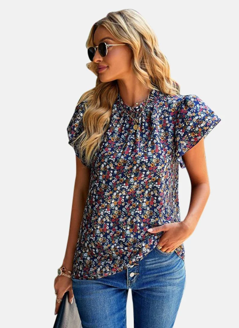 يونيكي Blue Round Neck Printed Top