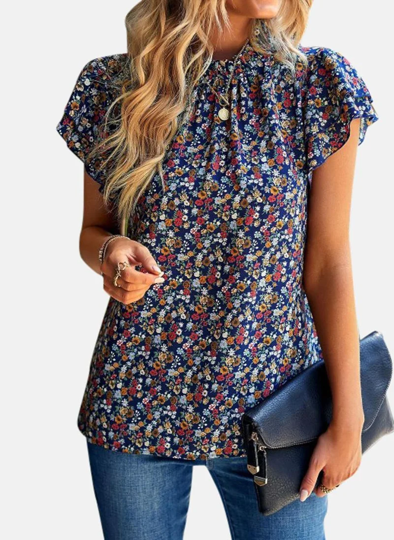 يونيكي Blue Round Neck Printed Top