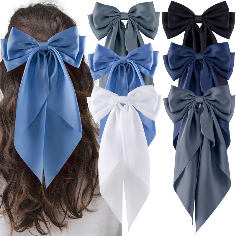 hisial 6Pcs Large Bows Hair Clips for Women Girls Long Tail Hair Ribbon Silky Satin Barrettes Coquette Bows Accessories (Black/Skyblue/Grayblue) - Image 1