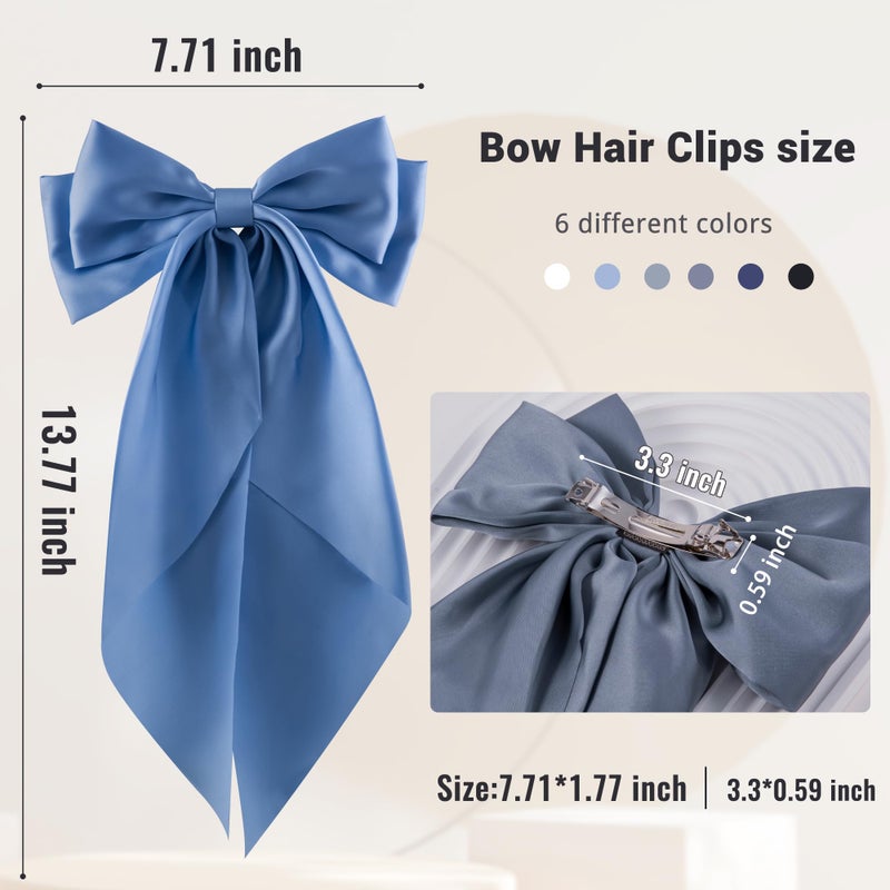 hisial 6Pcs Large Bows Hair Clips for Women Girls Long Tail Hair Ribbon Silky Satin Barrettes Coquette Bows Accessories (Black/Skyblue/Grayblue) - Image 2