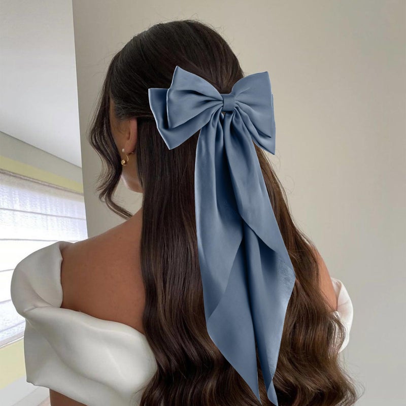 hisial 6Pcs Large Bows Hair Clips for Women Girls Long Tail Hair Ribbon Silky Satin Barrettes Coquette Bows Accessories (Black/Skyblue/Grayblue) - Image 3