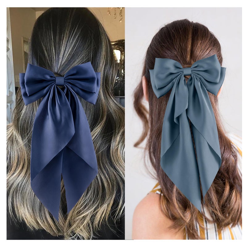hisial 6Pcs Large Bows Hair Clips for Women Girls Long Tail Hair Ribbon Silky Satin Barrettes Coquette Bows Accessories (Black/Skyblue/Grayblue) - Image 4